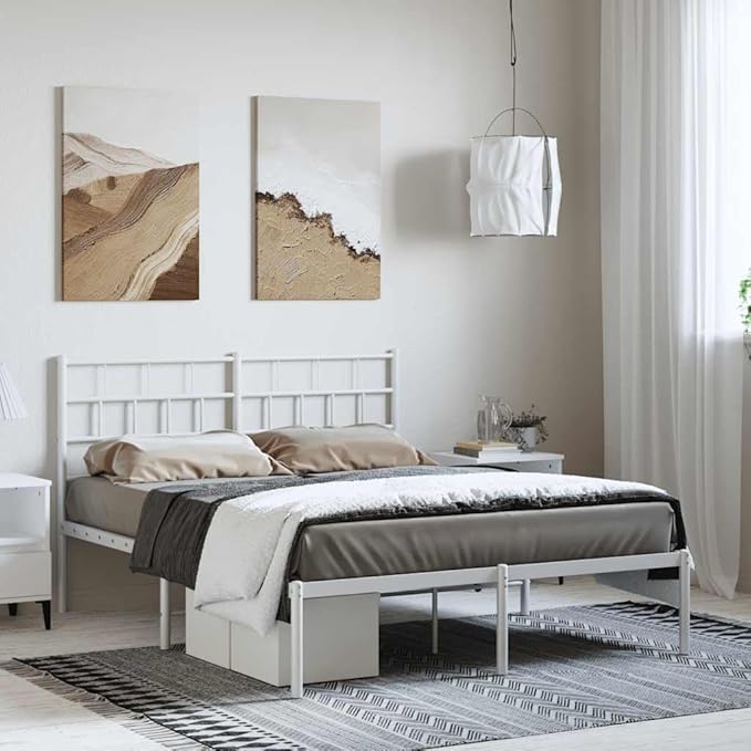 White Metal Full Bed Frame with Headboard 77.2 x 55.9 x 35.4 in Powder-Coated Steel Platform Full Mattress Base Bedroom Furniture Modernes Design Robust for Adults