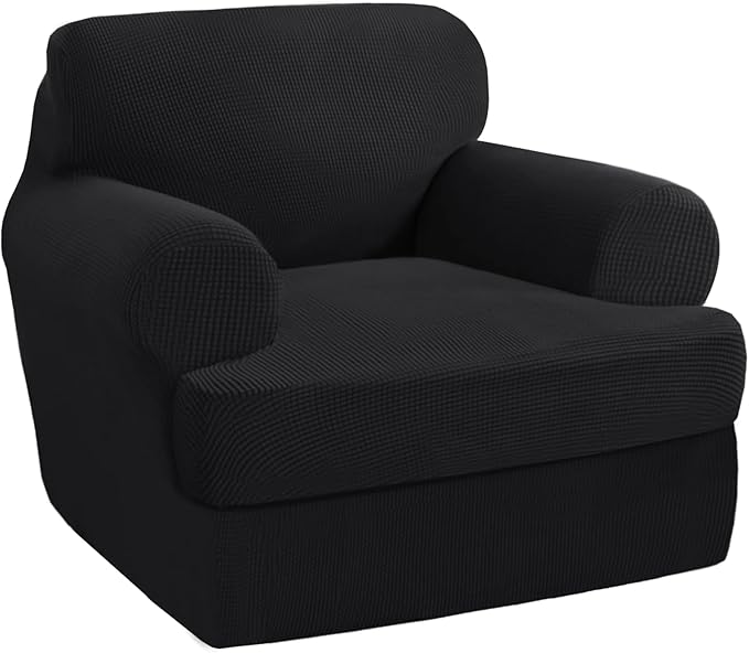 PrinceDeco 2 Pieces Armchair Slipcover Stretch Couch Covers for T Cushion Chair Slipcovers Soft Arm Chiar Cover Furniture Covers with 1 Individual T Shape Seat Covers Width Up to 40"- Black