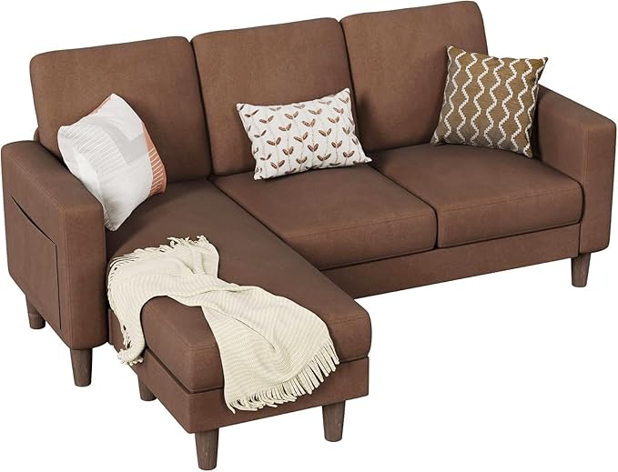 Homall Convertible Sectional Sofa 3 Seat L Shaped Couch with Side Storage Pocket, Sofas with Movable Ottoman, Small Linen Couches for Living Room & Apartment (Linen Fabric, Brown)