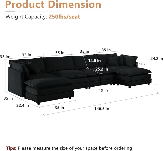 mikibama Modular Sectional Sofa, 146.5 Inch U Shaped Couch Set for Living Room, 4-Seater Comfy Cloud Couches with Two Movable Ottoman, DIY Combination, Chenille, Black