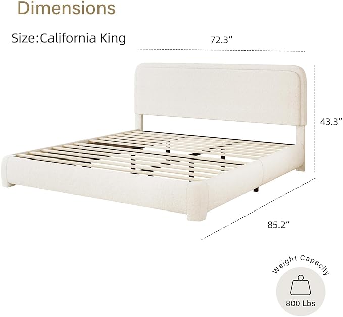 BarnFurin Boucle Upholstered California King Bed Frame/Soft Rounded Corners Headboard/Low Profile Bed Frame/No Box Spring Needed/Non-Slip and Noise-Free/Cream