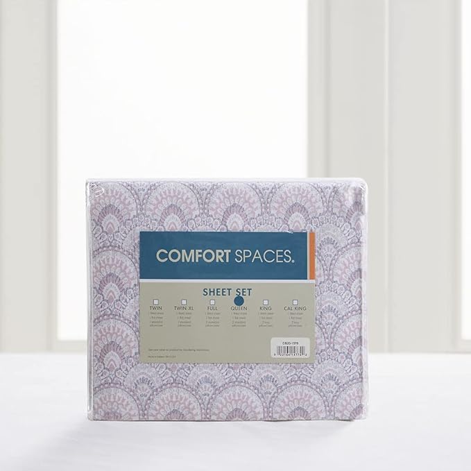 Comfort Spaces 100% Cotton Sheet Set Breathable, Lightweight, Soft with 14" Elastic Pocket Fits up to 16" Mattress, All Season Cozy Bedding, Matching Pillow Case, Queen Tabitha Purple 4 Piece