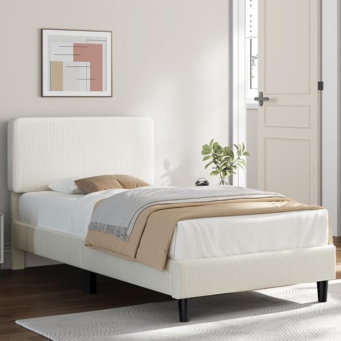 Yaheetech Twin Bed Frames with Adjustable Headboard, Chenille Fabric Upholstered Headboard/Platform Bed, Twin Size Bed Frame No Box Spring Needed/Mattress Foundation/Wood Slats Support/Easy Assembly