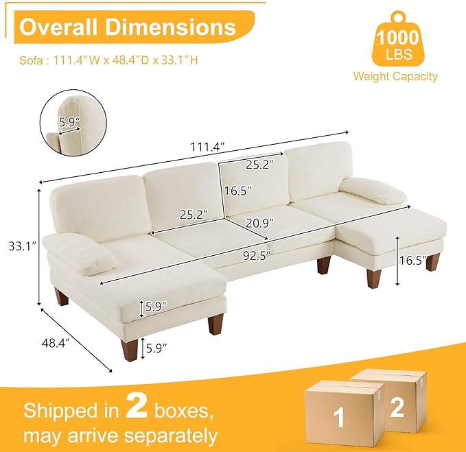 Karl home 111" Sectional Sofa U-Shaped 4-Seat Couch with Chaises Wood Grian Legs Chenille Fabric Upholstered for Living Room, Apartment, Office, Beige