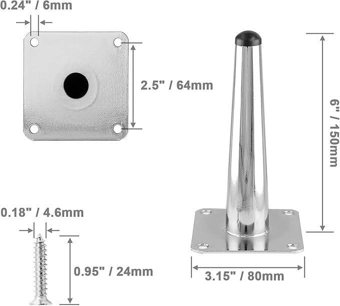 4pcs 6 Inch Furniture Legs, Straight Conical Metal Legs Chrome Mid-Century Style Furniture Feet for Sofa Cabinet Table Chair Cupboard Couch Ottoman Home DIY Projects