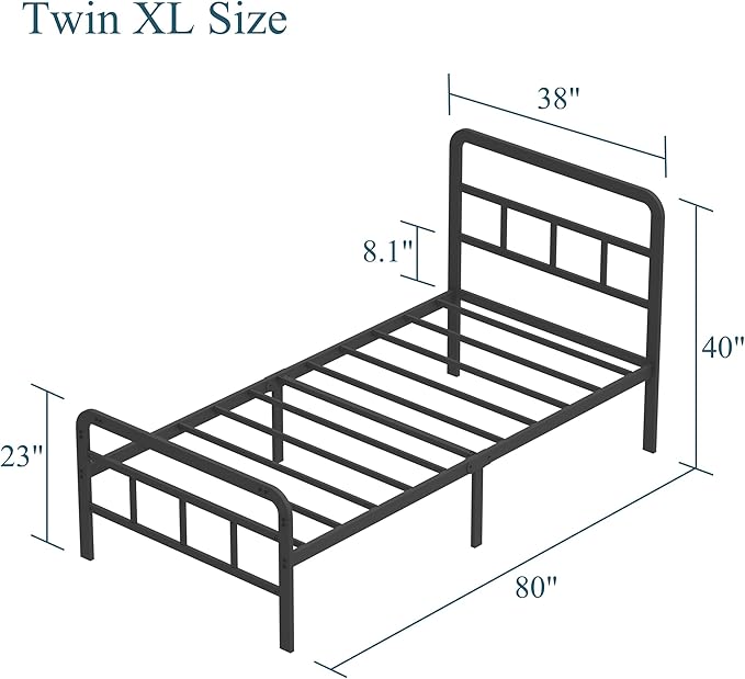 Richwanone 14 inch Twin XL Bed Frame with Headboard and Footboard, Heavy Duty Metal Platform with Steel Slat Support, No Box Spring Needed, Easy Assembly, Black