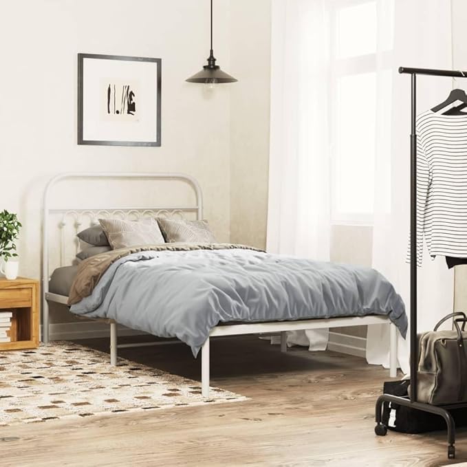 Classic White Metal Twin Bed Frame with Headboard, Sturdy Powder-Coated Rust-Resistant Design for Small Bedrooms and Guest Rooms, Fits Standard 39.4 x 78.7