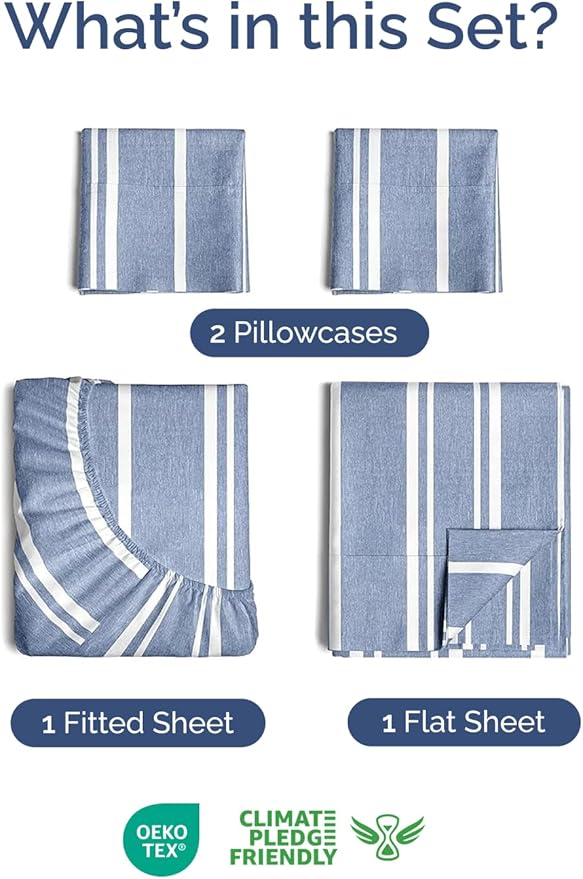 Extra Deep Twin XL Sheet Set - 4 Piece Breathable and Cooling Sheets - Hotel Luxury Bedding for Women, Men, Kids & Teens - Easy Secure Fit - Soft & Wrinkle Free with Extra Deep Pockets - Blue Stripes