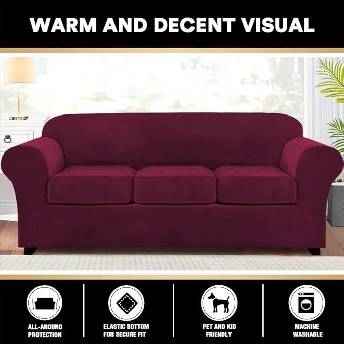 PrinceDeco Velvet Couch Covers for Sofa Soft 4 Pieces Couch Covers for 3 Cushion Couch Sofa Pet Friendly Furniture Protector with Non Slip Elastic Bottom Width Up to 90 Inch(Large, Burgundy)