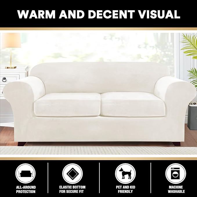 PrinceDeco Velvet Couch Covers for Sofa Soft 4 Pieces Couch Covers for 3 Cushion Couch Sofa Pet Friendly Furniture Protector with Non Slip Elastic Bottom Width Up to 90 Inch (Medium-Large, Porcelain)