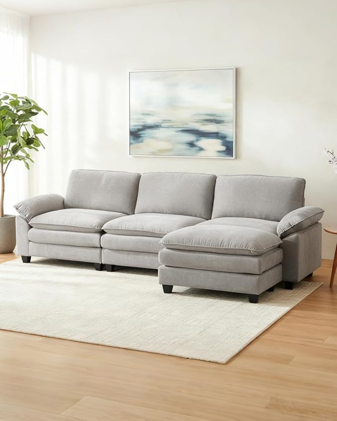 Karl home Sectional Sofa Modular Deep Seat Sofa Couch with Ottoman, Chenille Sofa Sleeper Comfy Upholstered Furniture for Living Room, Apartment, Studio, Office, (3-Seat & 1-Ottoman, Light Gray)