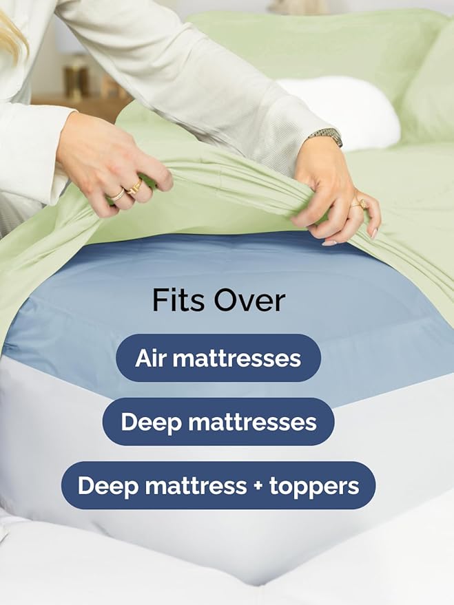 Extra Deep Split King Sheet Set - 7 Piece Breathable and Cooling Sheets - Hotel Luxury Bedding for Women, Men, Kids & Teens - Easy Secure Fit - Soft & Wrinkle Free - Extra Deep Pockets - Light Sage