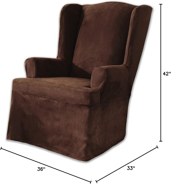 SURE FIT Soft Suede T-Cushion Wing Chair One Piece Slipcover, Relaxed Fit, Polyester, Machine Washable, Chocolate Color