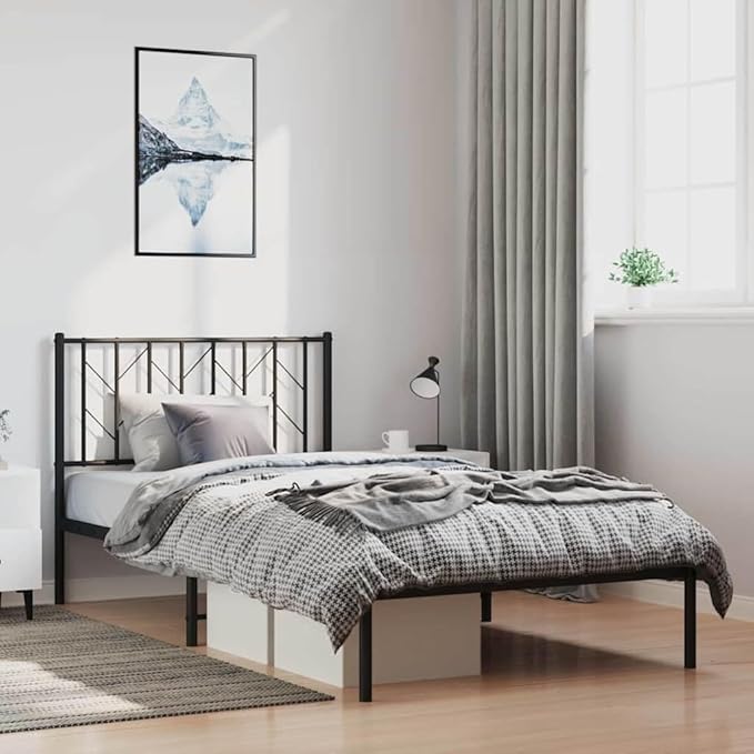 Bed Frame Black Powder-Coated Steel Single Bed Frame Easy Assembly for Bedroom