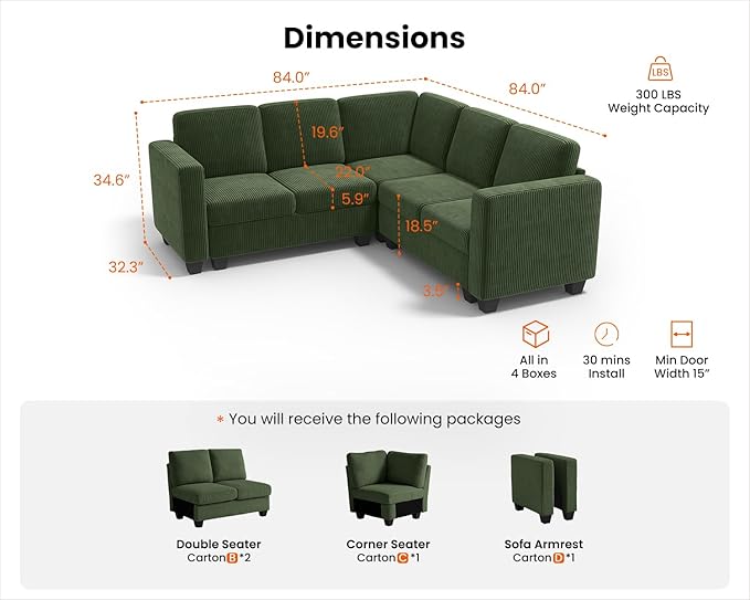 CHIC HOUSE Modular Corner Sectional Sofa with Storage, Corduroy L-Shaped Couch, Compact Small Space Furniture for Living Room & Apartment (Green, 5 Seater L-Shaped)