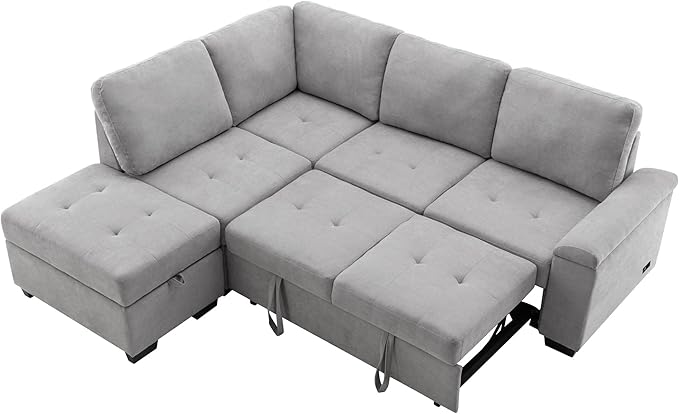 LUMISOL 87.4" Convertible Sectional Sofa with Storage Ottoman, L-Shaped Sleeper Sofa with Pull Out Bed, Storage Arm & USB Ports, Modern Velvet Sofa Couch with Chaise for Living Room, Grey