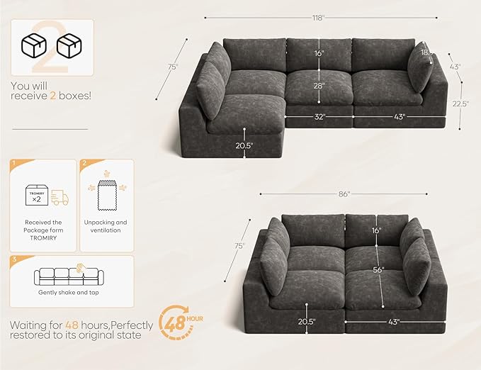 120" Cloud Sectional Couch | Oversize Boneless Couches for Living Room | 4 Seater Modern L-Shape Sofa | Drak Grey