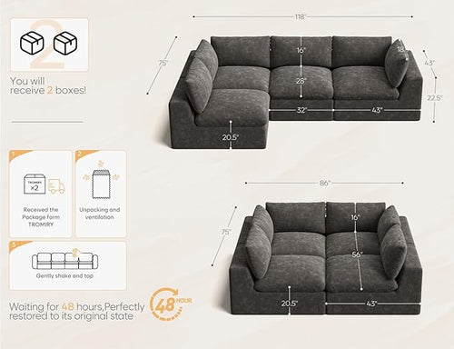 120" Cloud Sectional Couch | Oversize Boneless Couches for Living Room | 4 Seater Modern L-Shape Sofa | Drak Grey
