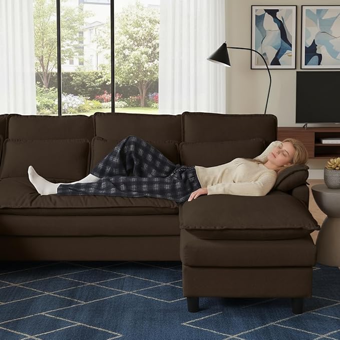 105" Convertible Sectional Sofa, U Shape Cloud Couch, Comfy Couches with Double Chaise and Sleepable Armrests, 4 Seats Sectional Couches for Living Room, Coffee