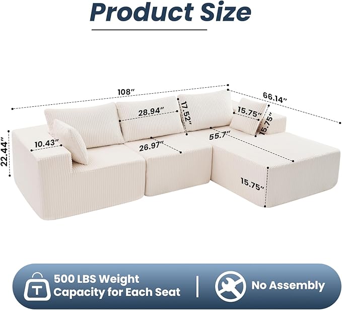 DUMOS 108" Boneless Couch, Cloud Sectional Couch with L-Shape Chaise, Modular Sectional Sofa with Deep Seat, Fluffy Couch for Living Room Bedroom, No Assembly Required (Beige, Right Facing Chaise)