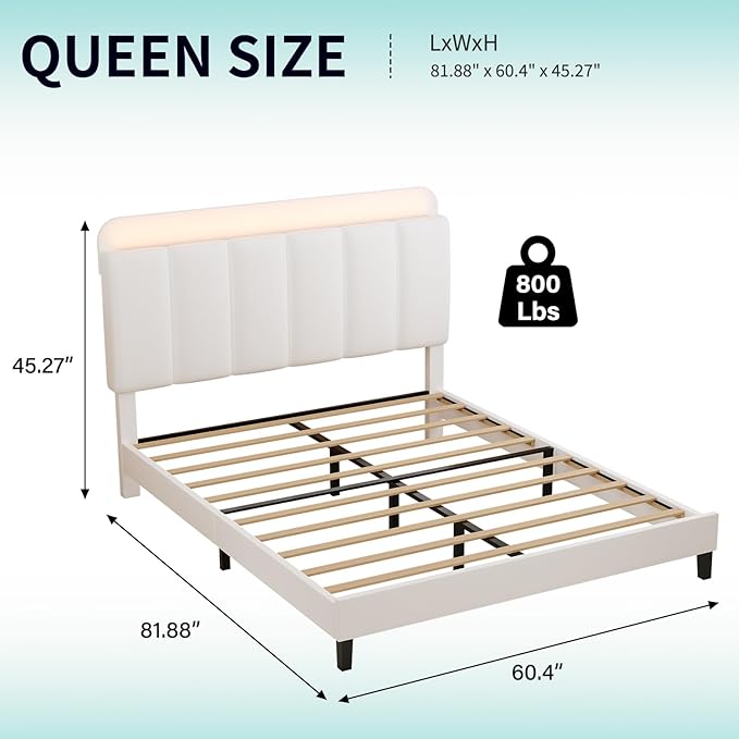 BarnFurin Queen Bed Frame with LED Lights, Upholstered Bed Frame Queen Size with Storage Headboard, Modern Platform Design Noise-Free, No Box Spring Needed, Easy Assembly, White