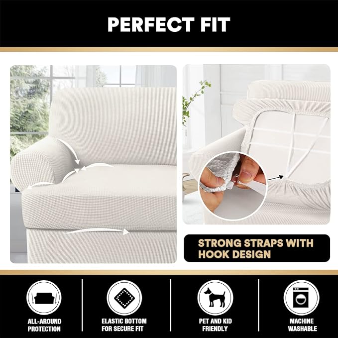 PrinceDeco T Cushion Sofa Slipcover 4 Pieces Sofa Covers for T Cushion Couch Soft Sofa Slip Covers Furniture Protector with 3 Individual T Shape Seat Covers (70"-88") Washable, Ivory