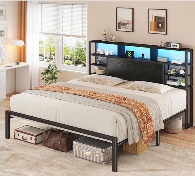 Homkdom King Size Bed Frame with Storage Headboard, LED Lights & Charging Station Heavy Duty Metal Platform Bed for Bedrooms, 1100 LBS Capacity, No Box Spring Needed, Easy Assembly，Black