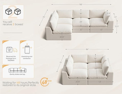 120" Cloud Sectional Couch | Oversize Boneless Couches for Living Room | 4 Seater Modern L-Shape Sofa | Ivory White
