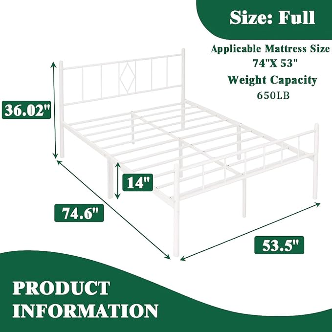 Decorwise 14 Inch Full Size Bed Frames with Headboard/Footboard, Under Bed Storage, Strong Metal Slats Support, No Box Spring Needed, Noise Free, Easy Assembly, White
