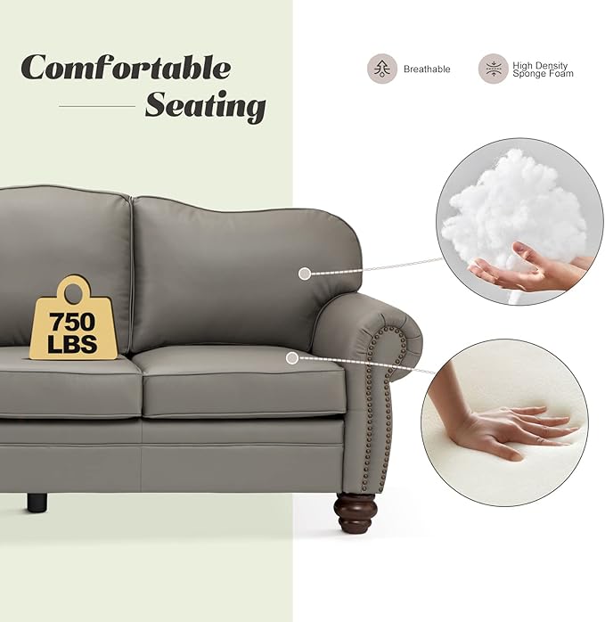 HULALA Home 81'' Upholstered Leather Sofa with Nailhead Trim and Rolled Armrests, Mid-Century Modern Living Room 3-Seater Couch, Grey Couch with Removable Cushion for Bedroom Apartment