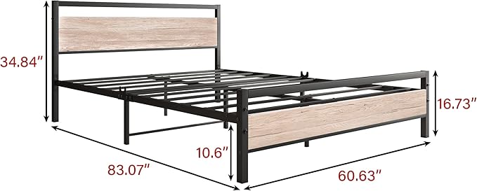 BOFENG Queen Bed Frames with Wood Headboard,Heavy Duty Platform Bed Frame No Box Spring Needed,Farmhouse Bed Steel Slat Mattress Foundation Sturdy Square Pipe Design Home Furniture