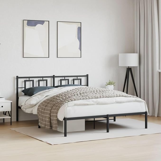 vidaXL Black Metal Double Bed Frame with Headboard - Sturdy Steel Bedroom Furniture, 81.5x61.4x35.8 Inches, Modern Design, Storage Underneath, Easy Assembly