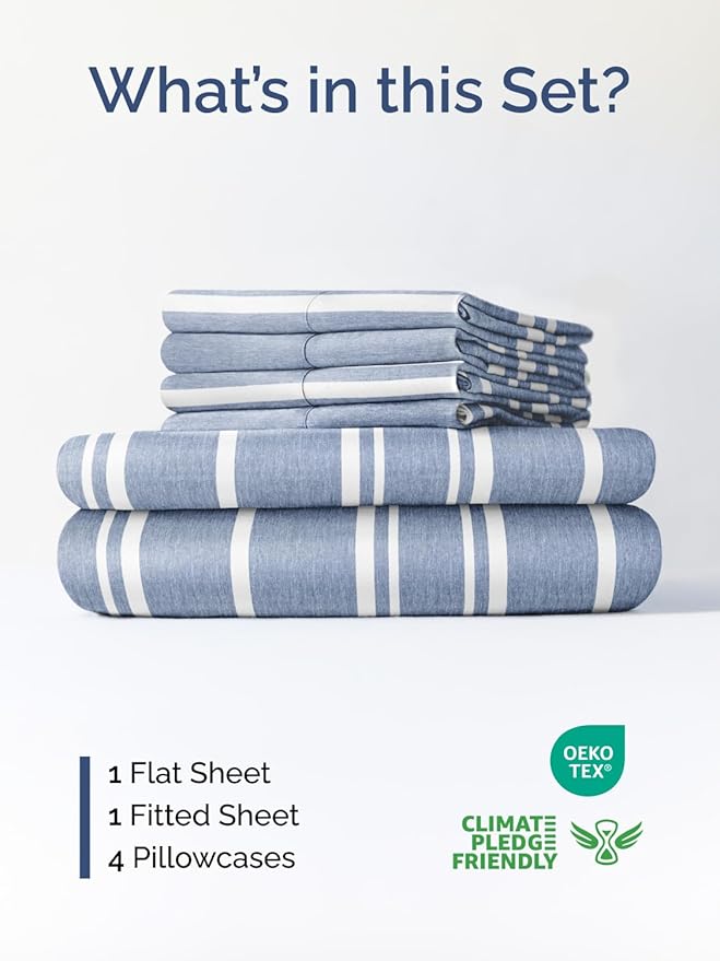 Extra Deep Cal King Sheet Set - 6 Piece Breathable and Cooling Sheets - Hotel Luxury Bedding for Women, Men, Kids & Teens - Easy Secure Fit - Soft & Wrinkle Free - Extra Deep Pockets - Blue Stripes