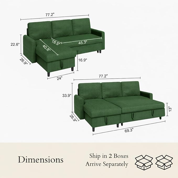 JAMFLY Pull Out Sleeper Sectional Sofa, L Shaped Corduroy Couch with Hidden Storage, Convertible Sofa Bed for Small Living Rooms and Apartments, Green