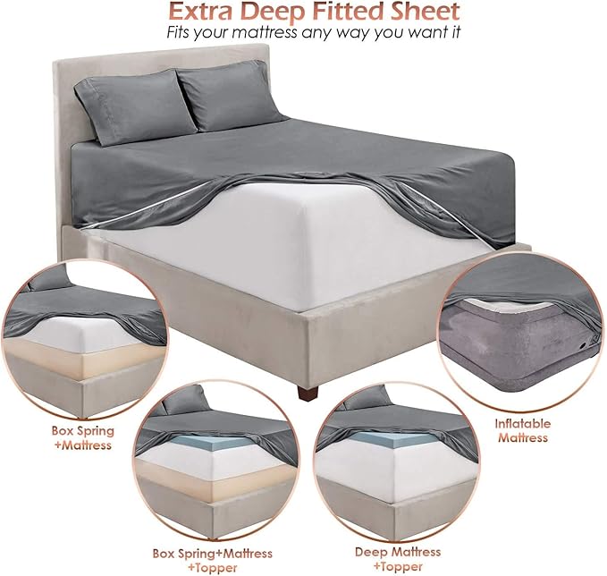 Hearth & Harbor Luxury Soft 6 Piece Bed Sheet Set Extra Deep Pocket Fitted Sheets Fits Mattress up to 21", Double Brushed Bedding Sheets & Pillowcases, Full, Frost Gray