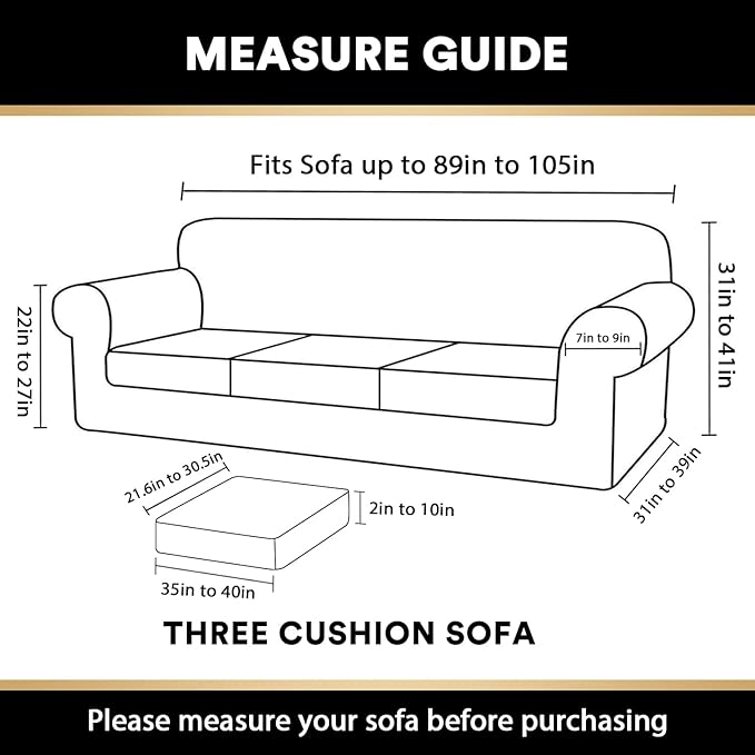PrinceDeco Velvet XL Couch Cover for Oversized Sofa 4 Piece Sofa Covers for 3 Cushion Couch Washable Furniture Protector with Non Slip Elastic Bottom Width Up to 97 Inch(X-Large, Camel)