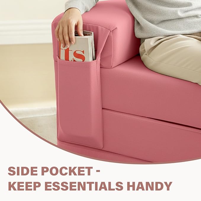Tiita Folding Sofa Bed Chair, 4-Fold Convertible Sleeper Chair with Lumbar Pillow, Washable Cover & Side Pocket, Floor Couch Bed with Raised Seat, Single Size for Small Spaces, Pink