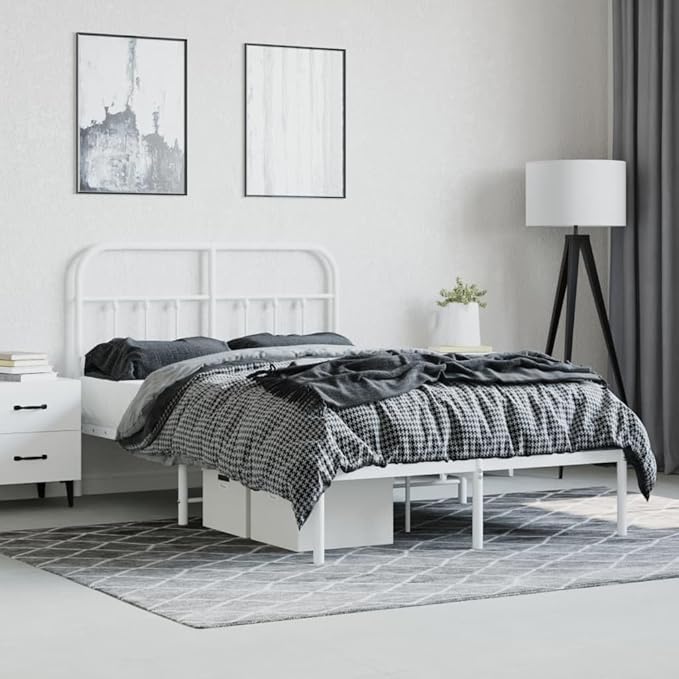 Bed Frame White Powder-Coated Steel Small Double Bed Frame Bedroom Furniture headboard for Guest Room