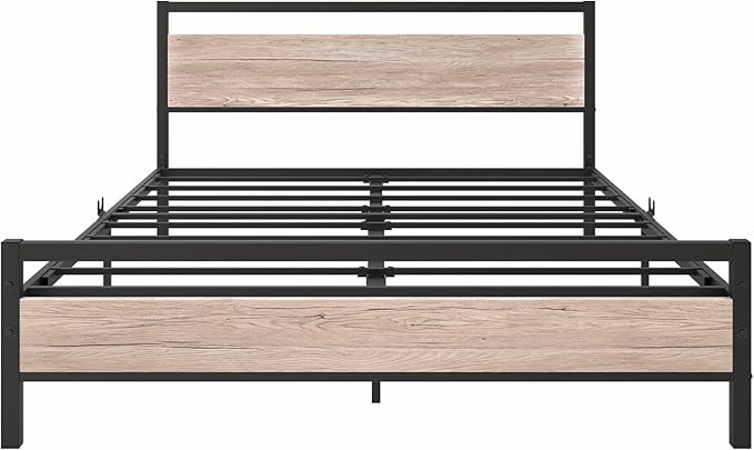 BOFENG Queen Bed Frames with Wood Headboard,Heavy Duty Platform Bed Frame No Box Spring Needed,Farmhouse Bed Steel Slat Mattress Foundation Sturdy Square Pipe Design Home Furniture