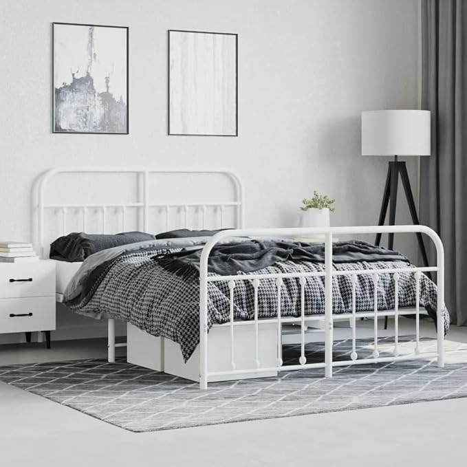 Bed Frame White Powder-Coated Steel Bed Frame Bedroom Furniture for Living Room 55 x 75 in