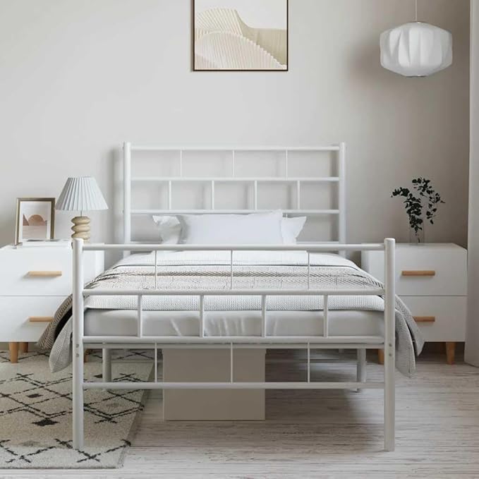 White Twin Metal Bed Frame 81.5 x 41.1 x 35.4 in, Modern Platform Bed Frame with 10.2 in Under-Bed Storage, Powder-Coated Steel for Adult Guest Bedroom