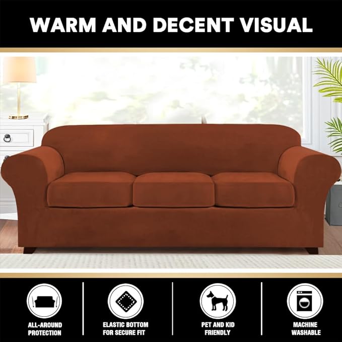 PrinceDeco Velvet XL Couch Cover for Oversized Sofa 4 Piece Sofa Covers for 3 Cushion Couch Washable Furniture Protector with Non Slip Elastic Bottom Width Up to 97 Inch (X-Large, Rust)