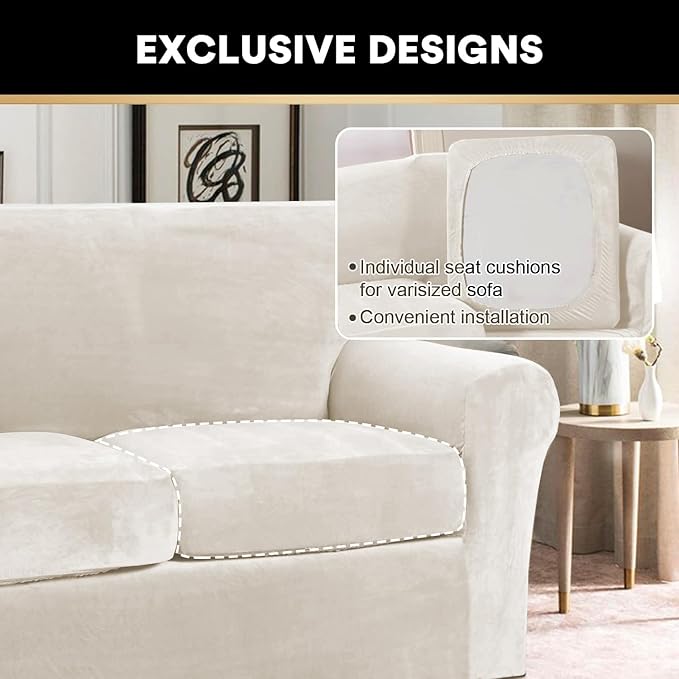 PrinceDeco Velvet Plush Couch Cover Stretch 2 Piece Chair Cover Chair Slipcover Washable Furniture Protector Couch Soft with Elastic Bottom Armchair Cover Width Up to 49 Inch(Small, Porcelain)