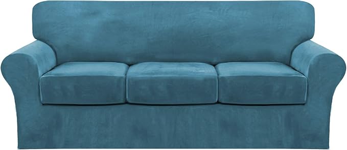 FantasDecor 4 Piece Sofa Velvet Couch Covers for 3 Cushion Stretch Slipcover with Individual Seat Cushion Elastic Furniture Protector for Pets, Machine Washable (Sofa, Peacock Blue)