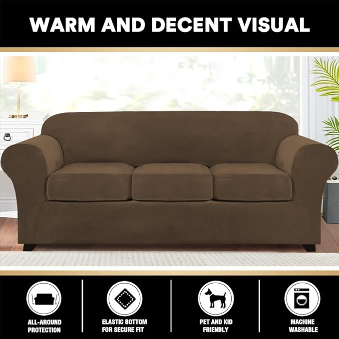 PrinceDeco Velvet Couch Covers for Sofa Soft 4 Pieces Couch Covers for 3 Cushion Couch Sofa Pet Friendly Furniture Protector with Non Slip Elastic Bottom Width Up to 97 Inch(Large Sofas,Bronze Brown)