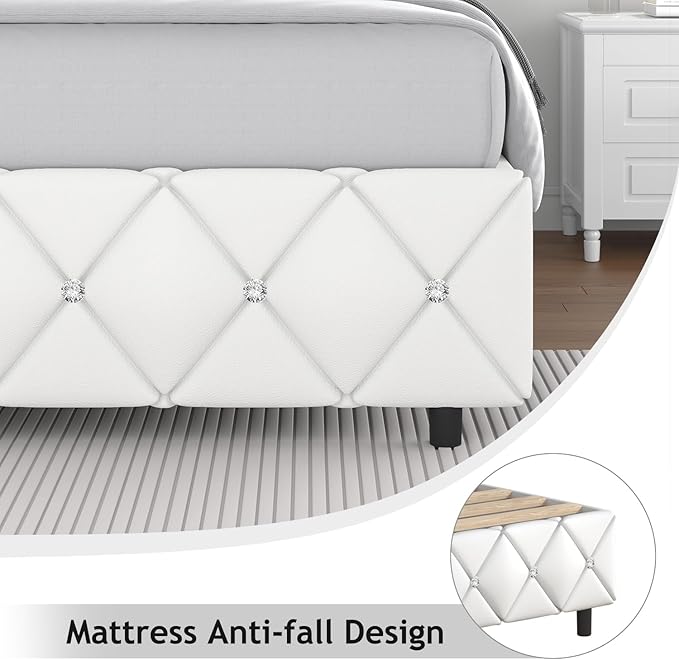 King Bed Frame, Faux Leather Platform Bed with Upholstered Diamond Headboard, Mattress Foundation with Strong Wooden Slats Support, No Box Spring Required, Easy Assembly, White