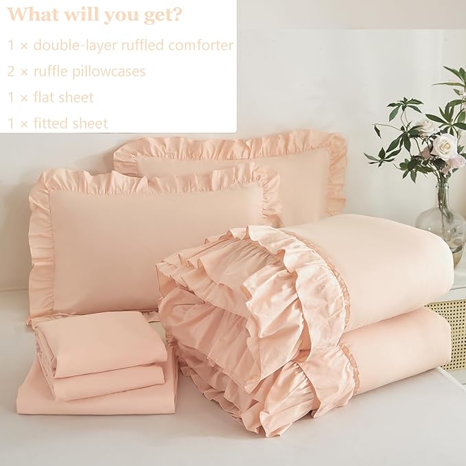 ANGIYUIN Pink Queen Size Comforter Set 5 Pieces Ruffled Farmhouse Bed in A Bag Soft Farmhouse Fluffy Bedding Sets with Sheets Maicrofiber Shabby Chic Bed Set for Girls Women(Pink Queen)