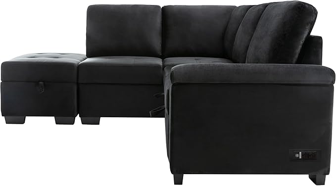 LUMISOL 87.4" Convertible Sleeper Sofa Bed with Storage Ottoman, L-Shaped Sectional Sofa with Storage Arm & Charging Stations, Pull Out Sofa Couch with Chaise for Living Room, Black