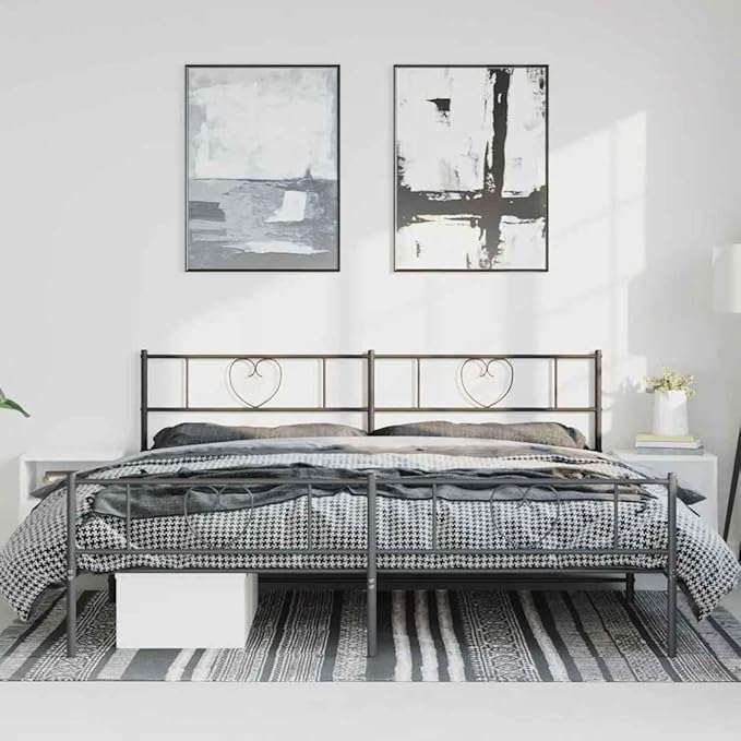 Modern Black Metal Bed Frame with Headboard and Footboard Storage, Sturdy Powder-Coated Steel Construction for Single or Double Mattress, Minimalist Design for