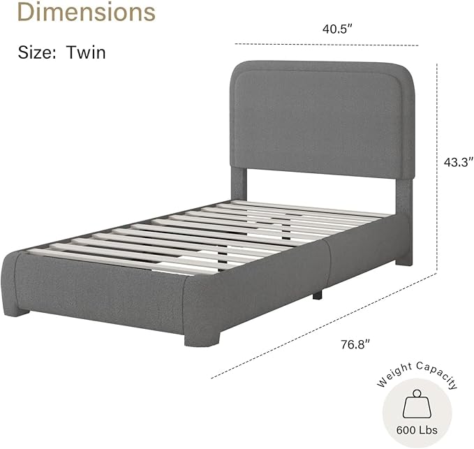 BarnFurin Twin Size Bed Frame, Boucle Upholstered Platform Bed Frame with Headboard, Soft Rounded Corners, No Box Spring Required, Non-Slip and Noise-Free, Easy Assembly, Dark Grey